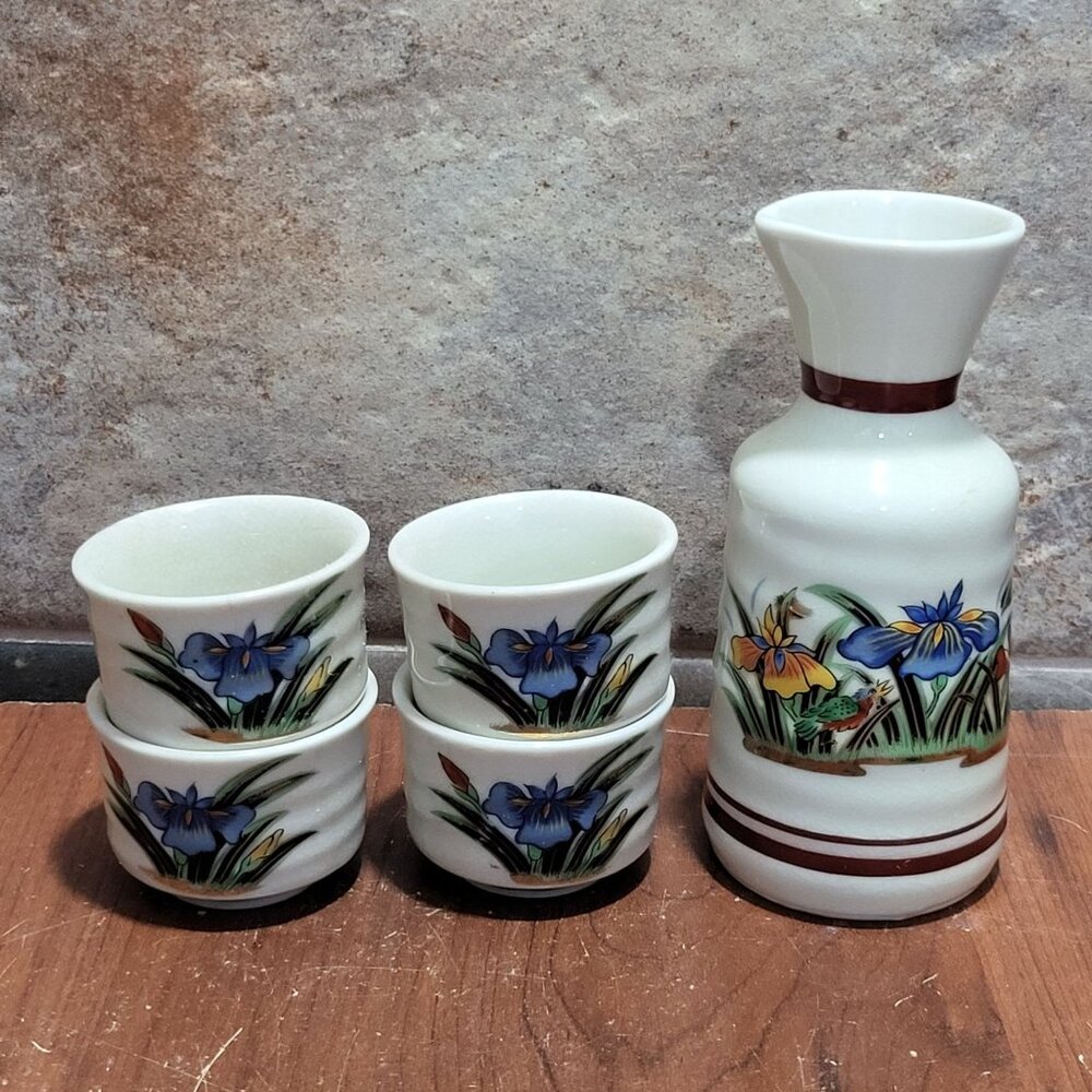 Vintage MCI Japan Blue Yellow Iris Flower Sake Set Pitcher 4 Cups
